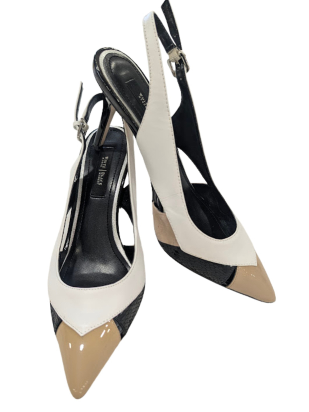 WHBM Heels 8 White Black Taupe Colorblock Pointed Toe Slingback Office Siren